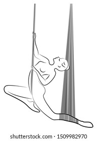 Fly yoga. Yoga on the hammock. Silhouette of a slender girl who goes in for sports, meditation. Good for your health. Vector illustration.
