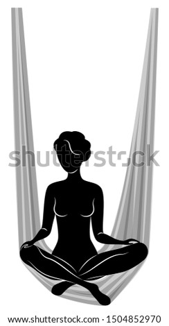 Fly yoga. Yoga on the hammock. Silhouette of a slender girl who goes in for sports, meditation. Good for your health. Vector illustration.