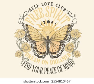 Fly your inner butterfly. Butterfly with flower artwork for t shirt print, poster, sticker, background and other uses. Spring flower. Self love club. Free spirit. find your peace of mind.