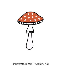 Fly-agaric groovy mushroom doodle. Amanita element autumn collection. Black outline isolated on a white background. Hand drawn line art, cute vector illustration.