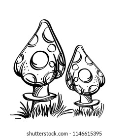 Fly-agaric, poisonous forest mushrooms in cartoon style. Outline vector illustration isolated on white background.