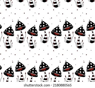 Fly-agaric psychedelic mushrooms seamless pattern on white background