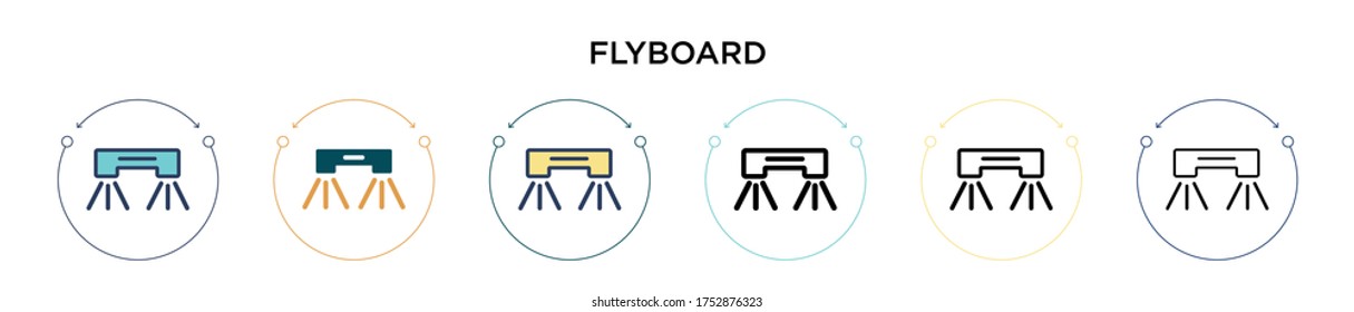 Flyboard icon in filled, thin line, outline and stroke style. Vector illustration of two colored and black flyboard vector icons designs can be used for mobile, ui, web