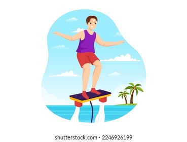 Flyboard Illustration with People Riding Jet Pack in Summer Beach Vacations in Flat Extreme Water Sport Activity Cartoon Hand Drawn Templates