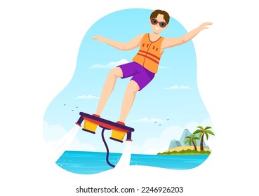 Flyboard Illustration with People Riding Jet Pack in Summer Beach Vacations in Flat Extreme Water Sport Activity Cartoon Hand Drawn Templates