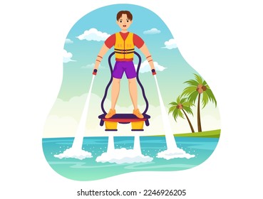 Flyboard Illustration with People Riding Jet Pack in Summer Beach Vacations in Flat Extreme Water Sport Activity Cartoon Hand Drawn Templates