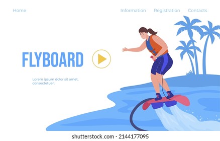 Ilustración plana vectorial de la página de aterrizaje del volante. Videojuego de publicidad en internet mujer que disfruta de la interfaz de usuario del sitio web de actividades de ocio de verano de deportes de playa extremos. Ejercicio de vuelo deportivo