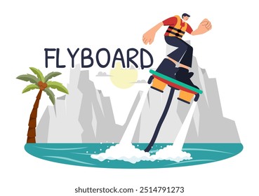 Ilustración vectorial de Flyboard con Personas montando un Jet Pack durante las vacaciones de verano en la playa en un fondo de dibujos animados de deportes acuáticos extremos de estilo plano