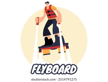 Ilustración vectorial de Flyboard con Personas montando un Jet Pack durante las vacaciones de verano en la playa en un fondo de dibujos animados de deportes acuáticos extremos de estilo plano