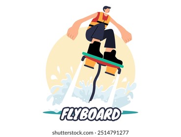 Ilustración vectorial de Flyboard con Personas montando un Jet Pack durante las vacaciones de verano en la playa en un fondo de dibujos animados de deportes acuáticos extremos de estilo plano