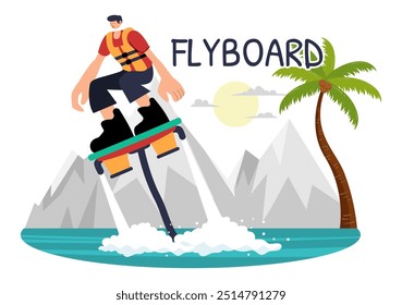 Ilustración vectorial de Flyboard con Personas montando un Jet Pack durante las vacaciones de verano en la playa en un fondo de dibujos animados de deportes acuáticos extremos de estilo plano