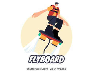 Ilustración vectorial de Flyboard con Personas montando un Jet Pack durante las vacaciones de verano en la playa en un fondo de dibujos animados de deportes acuáticos extremos de estilo plano