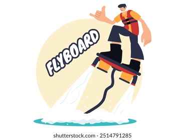 Ilustración vectorial de Flyboard con Personas montando un Jet Pack durante las vacaciones de verano en la playa en un fondo de dibujos animados de deportes acuáticos extremos de estilo plano