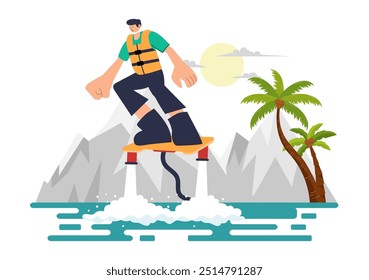 Ilustración vectorial de Flyboard con Personas montando un Jet Pack durante las vacaciones de verano en la playa en un fondo de dibujos animados de deportes acuáticos extremos de estilo plano