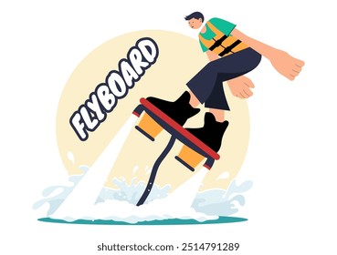 Ilustración vectorial de Flyboard con Personas montando un Jet Pack durante las vacaciones de verano en la playa en un fondo de dibujos animados de deportes acuáticos extremos de estilo plano