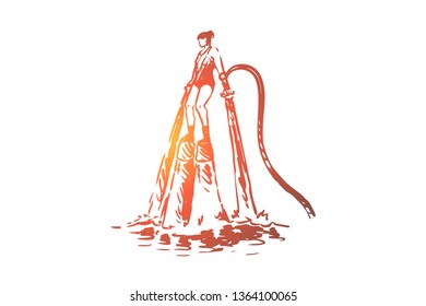 Flyboard, water, recreation, sea, sport concept. Hand drawn summer attraction flyboard concept sketch. Isolated vector illustration.