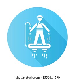 Flyboarding blue flat design long shadow glyph icon. Watersports, extreme and dangerous modern leisure. Recreational outdoor activity. Hydroflight sport. Vector silhouette illustration