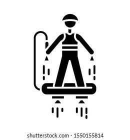 Flyboarding glyph icon. Watersports, extreme and dangerous modern leisure. Recreational outdoor activity. Hydroflight sport. Silhouette symbol. Negative space. Vector isolated illustration