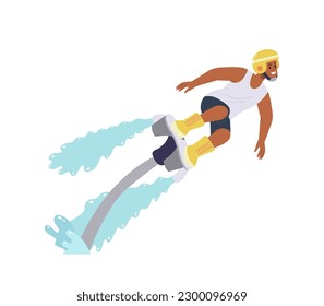 Personaje de caricatura de Flyboarding man que disfruta de deportes acuáticos extremos y actividades recreativas en la playa