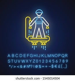 Flyboarding neon light icon. Watersports, extreme and dangerous modern summer beach leisure.Hydroflight sport. Glowing sign with alphabet, numbers and symbols. Vector isolated illustration