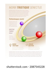 Flyer 3d balls roll in a spiral perspective Cover design template gold color, block for image, vector 