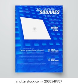 Flyer 3d flying cubes perspective figure design template Cover Geometric Squares theme blue color, block for image, vector 