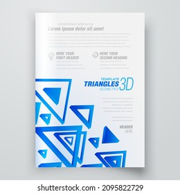 Flyer 3d triangles flying perspective geometric figure design template cover blue color, block for image, vector 