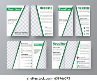 flyer A4 template, a folding brochure and a narrow banner for advertising or business. Design with diagonal green elements for photos. Vector illustration