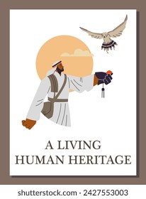 Flyer about an event dedicated to Arabian falconry with space for text. Flat drawing of an Arab man with a raised gloved hand calling a falcon. Bird training.