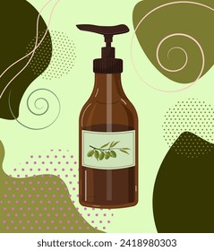 Flyer with abstract background and cosmetic product. Bottle with dispenser for care. Cosmetology and hygiene. Hand and shower gel, shampoo, liquid soap. Vector. For logos, flyers, brochures, social