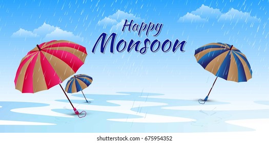 flyer, abstract, banner or poster for Happy Monsoon with nice and creative design illustration.