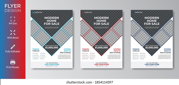 Flyer, Abstract Real Estate Property Flyer with color variation, A4 with Bleed, Print Ready, EPS Format, Editable.