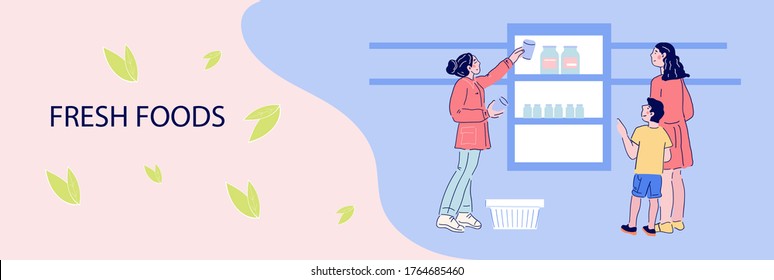 Flyer or advertising banner with buyers picking up fresh foods from supermarket grocery shelves, flat vector illustration. Food retail store background. 