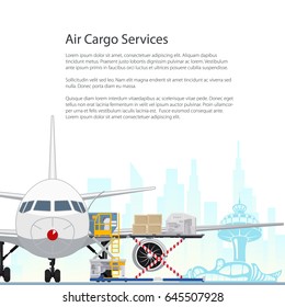 Flyer Air Cargo Services and Freight, Airplane with Autoloader at the Airport on the Background of the City and Text, Unloading or Loading of Goods into the Plane, Poster Brochure Design, Vector