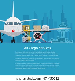 Flyer Air Cargo Services and Freight, Airplane with Autoloader at the Airport on the Background of the City , Unloading or Loading of Goods into the Plane and Text, Poster Brochure Design, Vector 