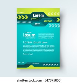 Flyer arrows and tabs cover design, vertical brochure size A4 template, action creative leaflet, trend cover green color