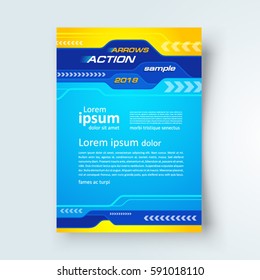 Flyer arrows and tabs cover design, vertical brochure size A4 template, action creative leaflet, trend cover blue color