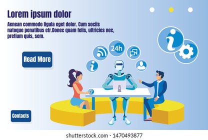 Flyer Artificial Intelligence in Call Center. Employees Improve Computer Skills. Customer Communication Using Artificial Intelligence. Robot is Sitting at Table with People. Vector Illustration.