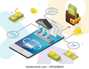 Flyer Assessment Bank Attractiveness Isometric. Providing Customers with Financial Services without Using Bank Branches. There is Building with Columns on Screen, an Extract is Coming Out Telephone. 