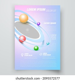 Flyer balls roll in a circle and lines 3d perspective Cover design template violet and blue gradient color, block for image, vector 