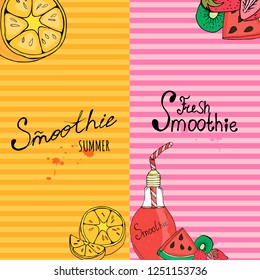 
flyer, banner, advertising, decoration, menu, bar, card, drinks, bright design, retro, handmade, toon, fruit, summer, colored, yellow, orange, orange, lettering, pink, red, watermelon, strawberry