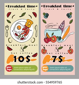 Flyer or banner for breakfast deal in restaurant. Vector illustration