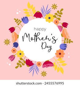 Сard, flyer, banner from a floral composition along the contour of a circle. Spring bright flowers and plants. There is a white circle in the middle for text. For March 8, Mother's Day, spring sale