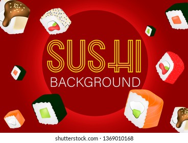 Flyer, banner japanese food. Realistic background of sushi
