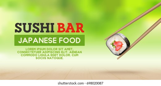 Flyer, banner japanese food. Realistic background of sushi. Vector illustration