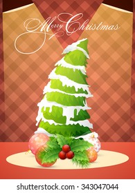 Flyer, Banner or Pamphlet with creative Xmas Tree and glossy ornaments for Merry Christmas celebration.