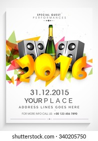 Flyer, Banner Or Pamphlet With Loudspeaker And Champagne For Happy New Year's 2016 Eve Party Celebration.