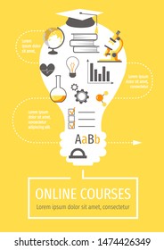 Flyer, banner, poster, brochure design with simple flat Icons on the yellow background. Distance education, online courses and e-learning concept. Vector illustration in a flat style.