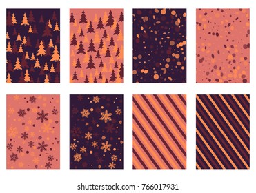 Flyer, banner, poster, card backgrounds, winter elements. Winter poster backgrounds with fir tree forest, circle and snowflakes isolated confetti explosion, halftone stripes.