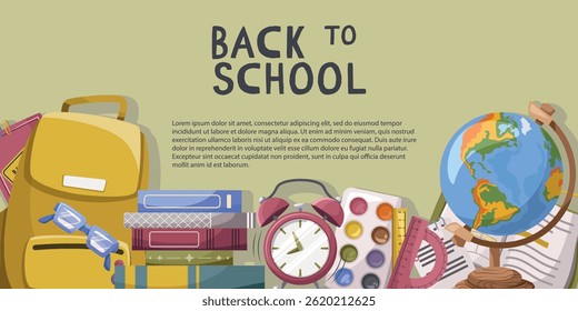 Flyer or banner with school equipment. Cartoon vector illustration. 